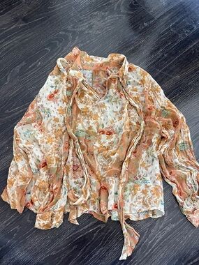 Sezane Beige and Rust Floral Tie-Front Blouse